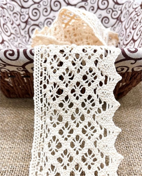 Кружево вязаное хлопковое арт.KHK-010 шир.75мм цв.молочный уп.10м 306271 - фото 251785